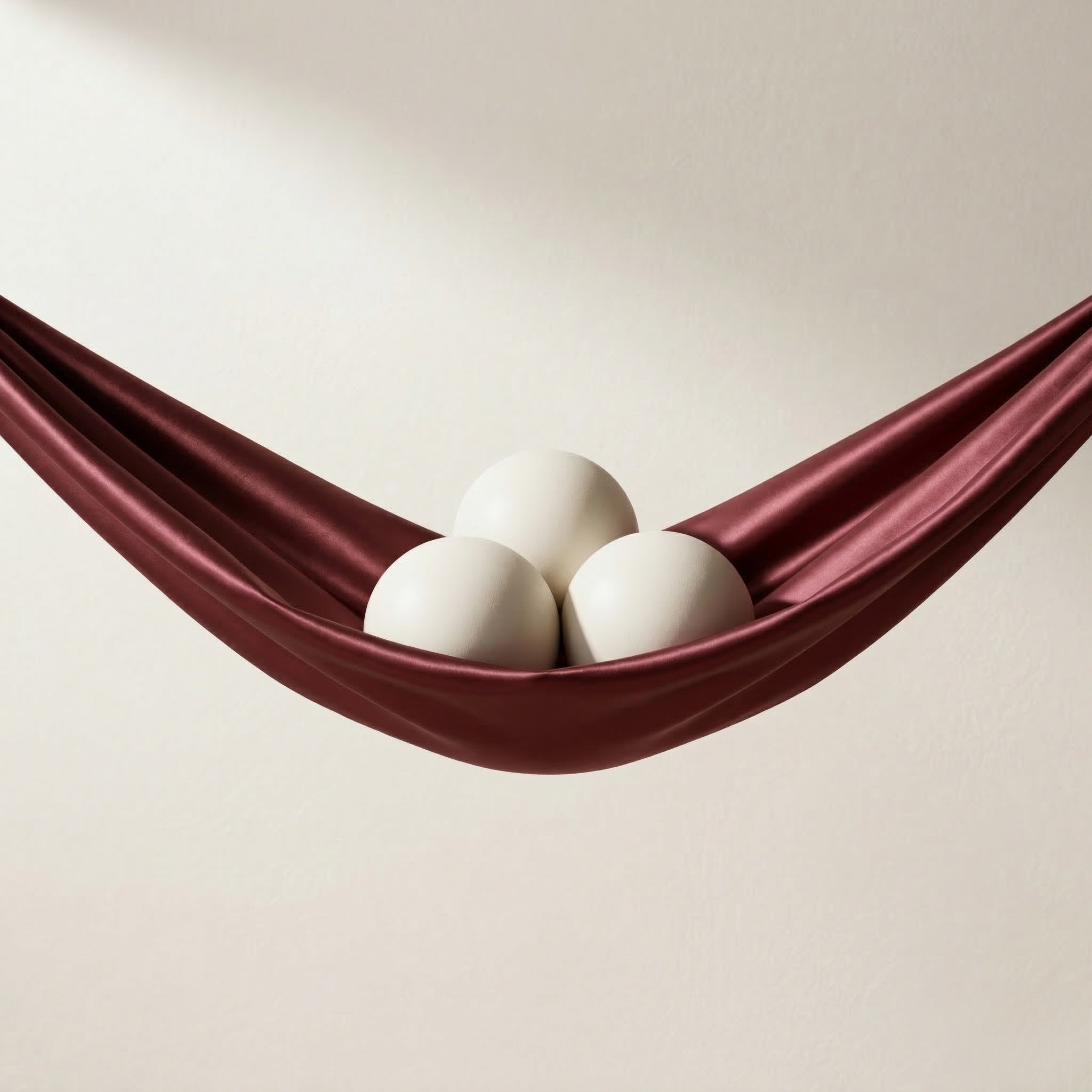 Conceptual image of the pelvic floor as a supportive structure — burgundy hammock holding three spheres